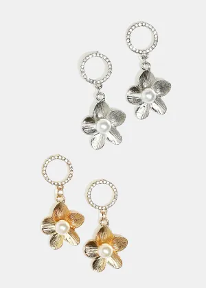 Sparkly Circle & Flower Dangle Earrings