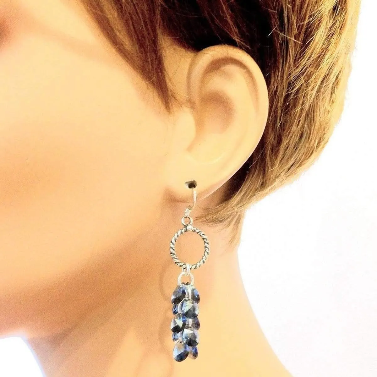 Sterling Silver Denim Blue Crystal Cluster Earrings