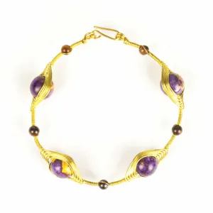 Wired Brass Bracelet with Purple Marble Beads