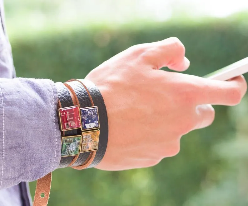 Wrap bracelet - brown, black or red leather, 5 or 8 circuit board beads, unisex bracelet, adjustable length