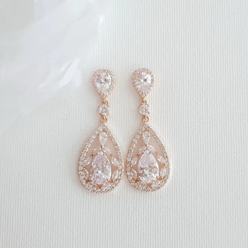 Yellow Gold Bridal Earrings in Cubic Zirconia for Brides-Esther