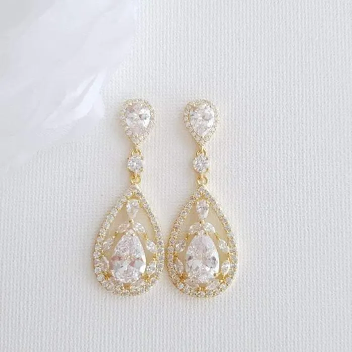 Yellow Gold Bridal Earrings in Cubic Zirconia for Brides-Esther